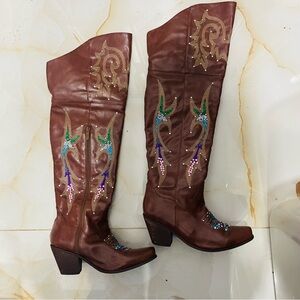 Embroidered Colorful Rhinestones Vegan  Leather Over The Knee Western Boots